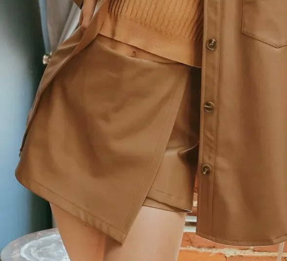 Faux Leather Wrap Skort Camel
