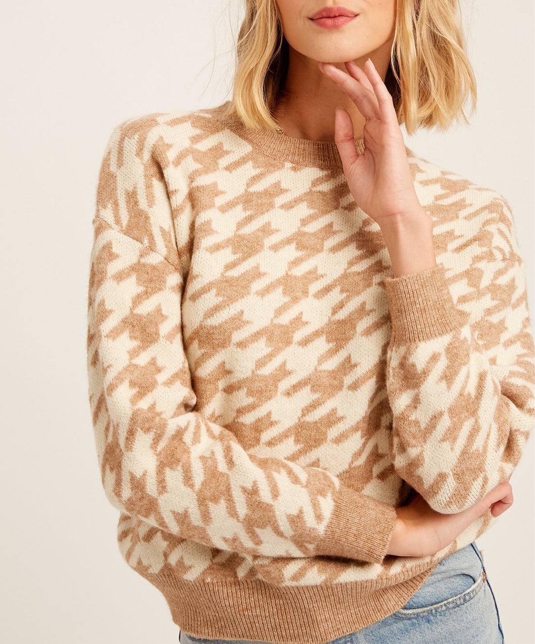 Houndstooth Knit Sweater Taupe